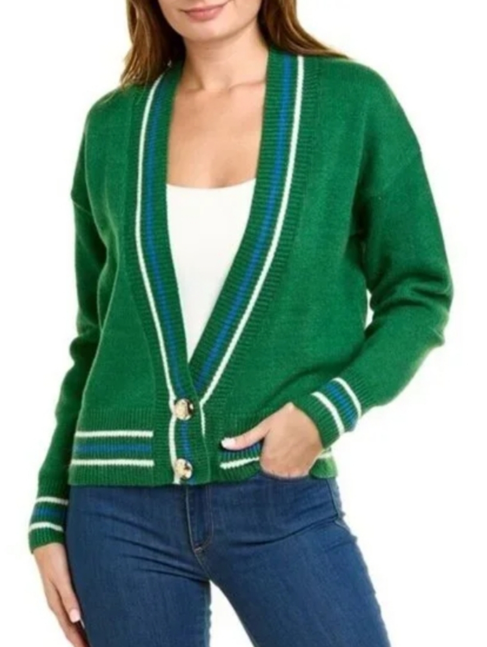 Alexia Admor Green V-Neck Cardigan with Striped Trim